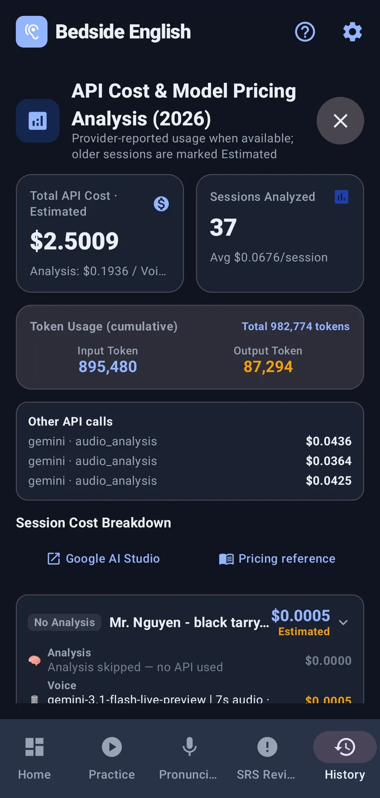 An API cost breakdown showing paid-tier equivalent estimates, cumulative token usage, and per-session estimates.
