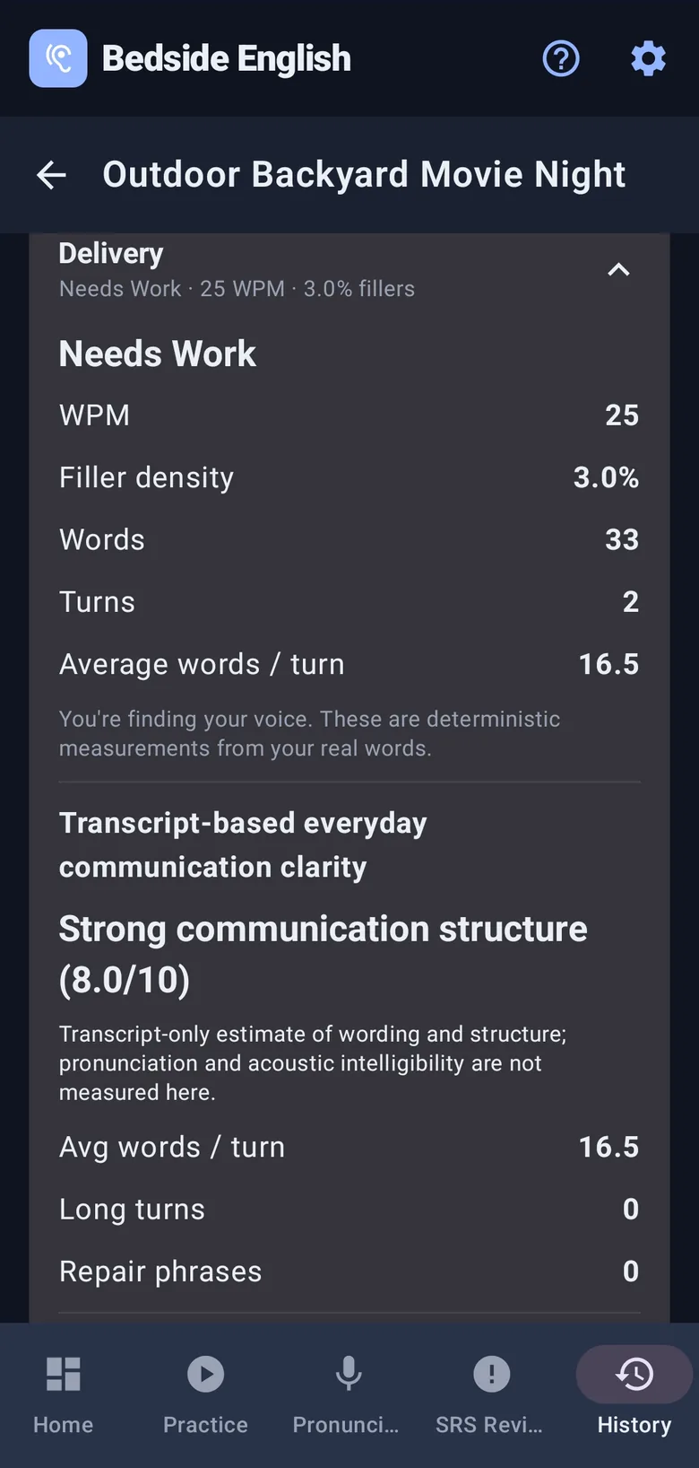 Delivery metrics: 25 words per minute, 3 percent filler density, 33 words, 2 turns, 16.5 average words per turn.