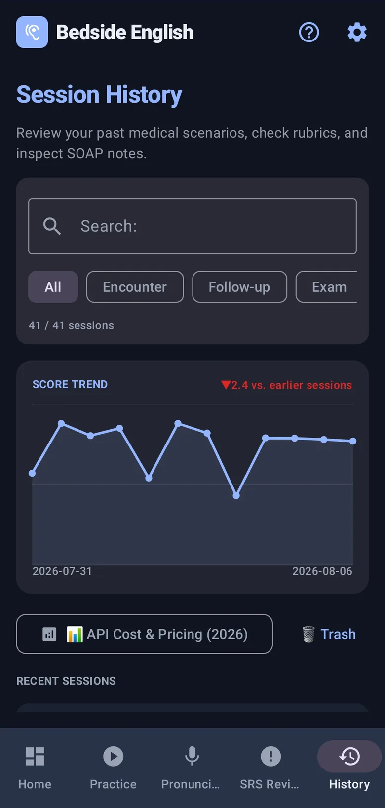 Session history with a search field, mode filters, and a score trend chart across recent sessions.