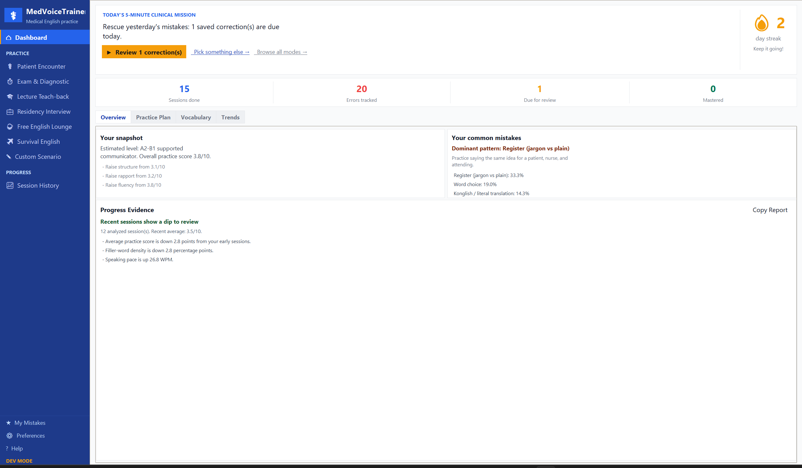 Actual Bedside English dashboard with daily mission, practice evidence, and common mistakes
