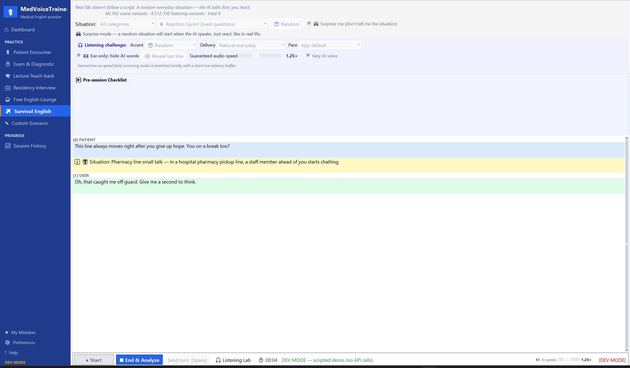 Actual Bedside English Survival English screen showing randomized scenario controls and a live pharmacy conversation