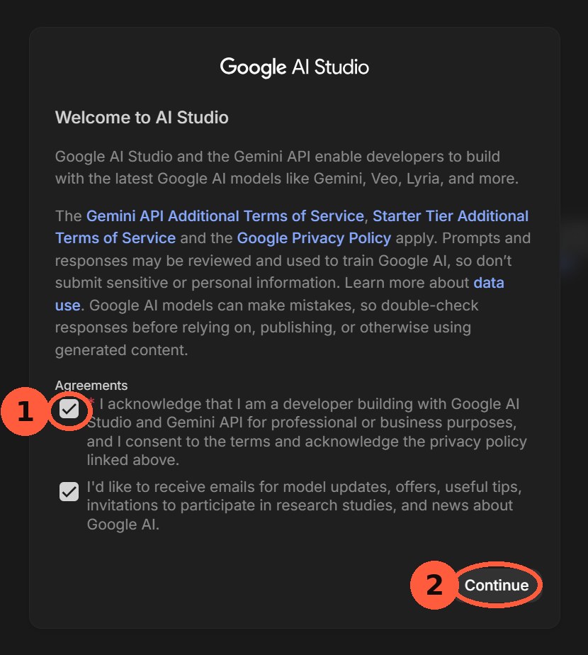 AI Studio welcome dialog with the developer-agreement checkbox and the Continue button both circled.