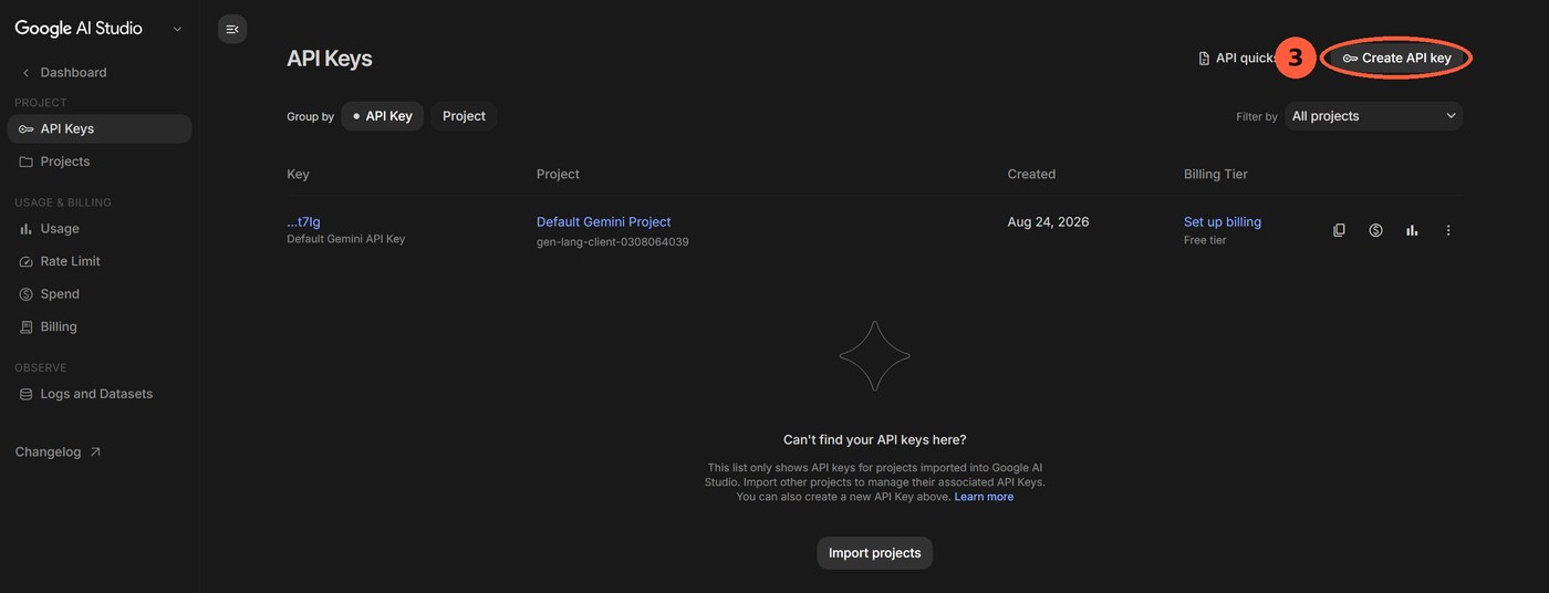 The API Keys page in Google AI Studio with the Create API key button circled.