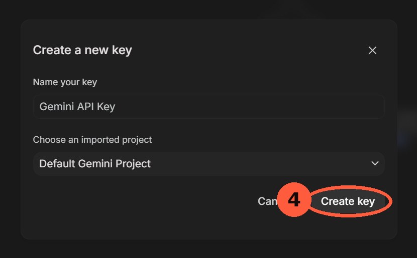 The Create a new key dialog with a key name, a project picker, and the Create key button circled.