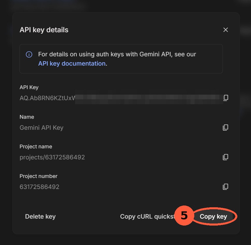 The API key details dialog with the key value partly blurred and the Copy key button circled.