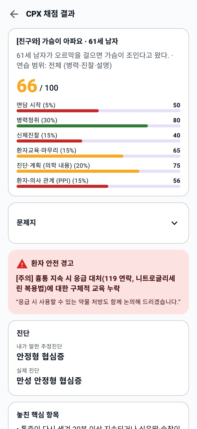 친구와 역할극 채점 결과 66점과 환자 안전 경고